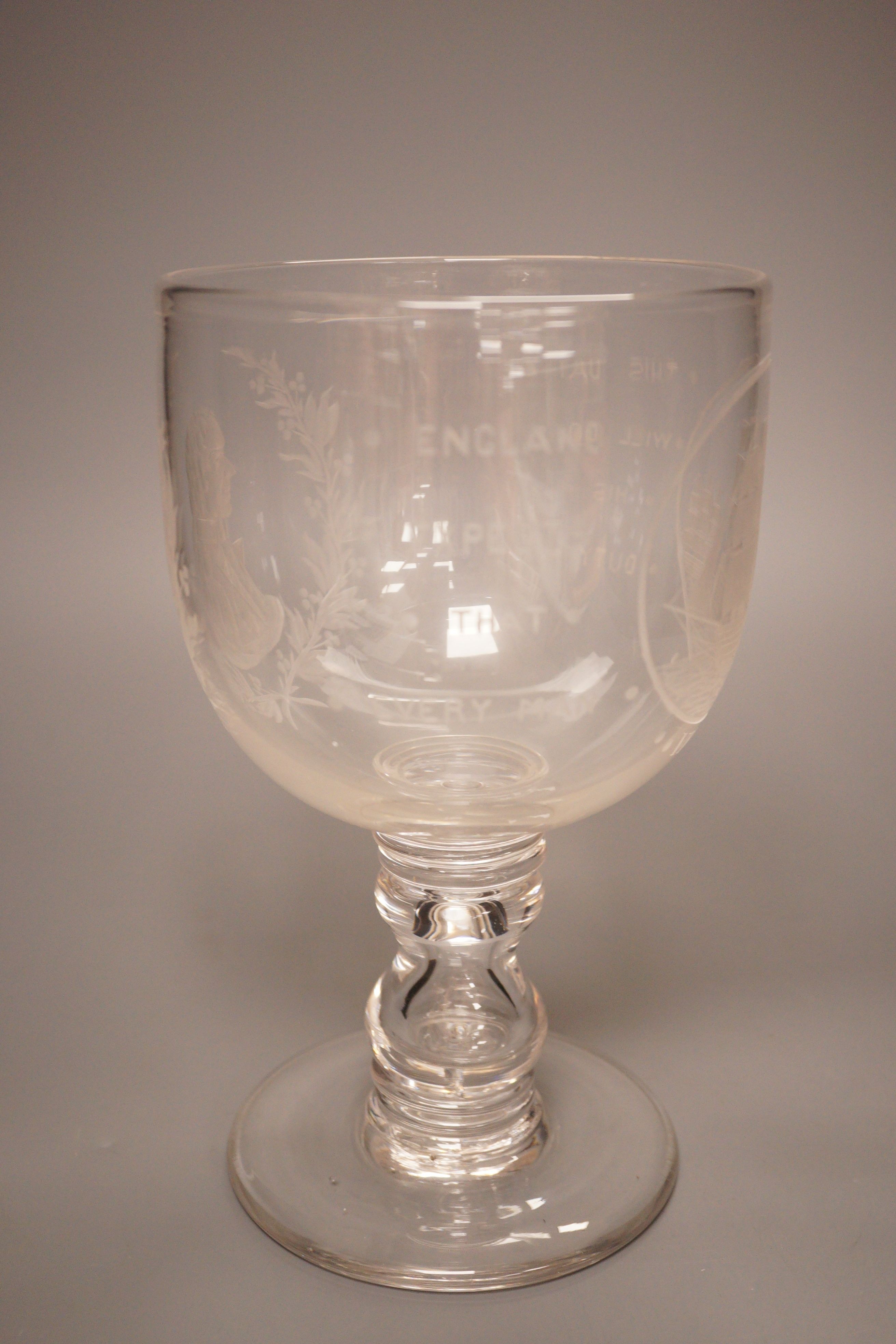 A Victorian/Edwardian wheel engraved glass goblet commemorating Admiral Nelson and HMS Victory, height 24.5cm